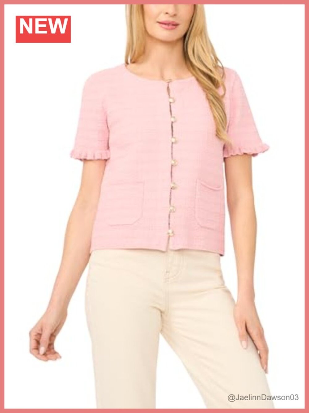 CeCe Textured Patch Pocket Short Sleeve Sweater Pullover Crew Neck